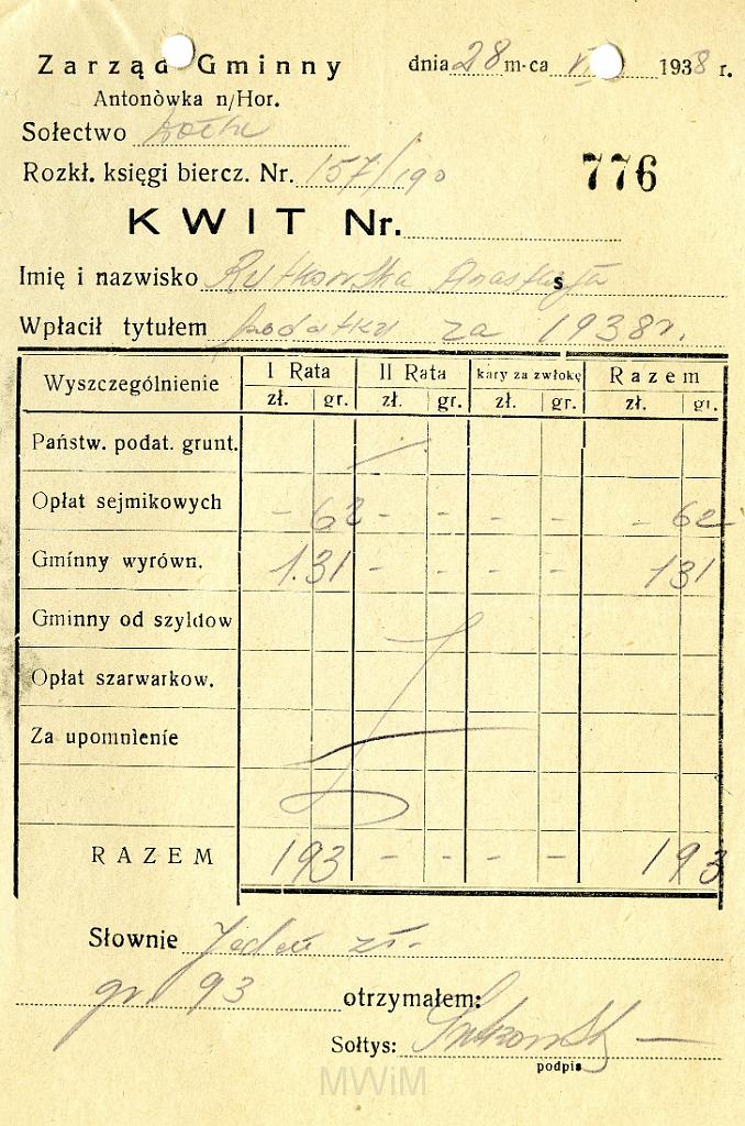 KKE 3539.jpg - Dokument. Stanisław Rutkowski podatek, Dołhe, 1938 r.